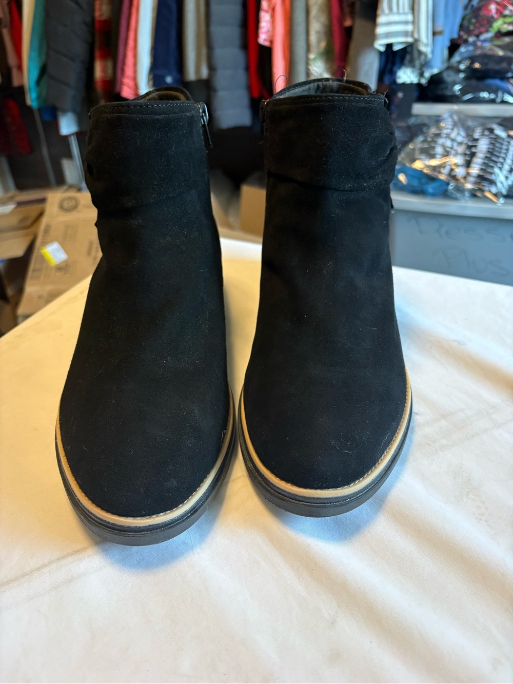 Clarks Black Suede Ankle Booties with Contrast Trim